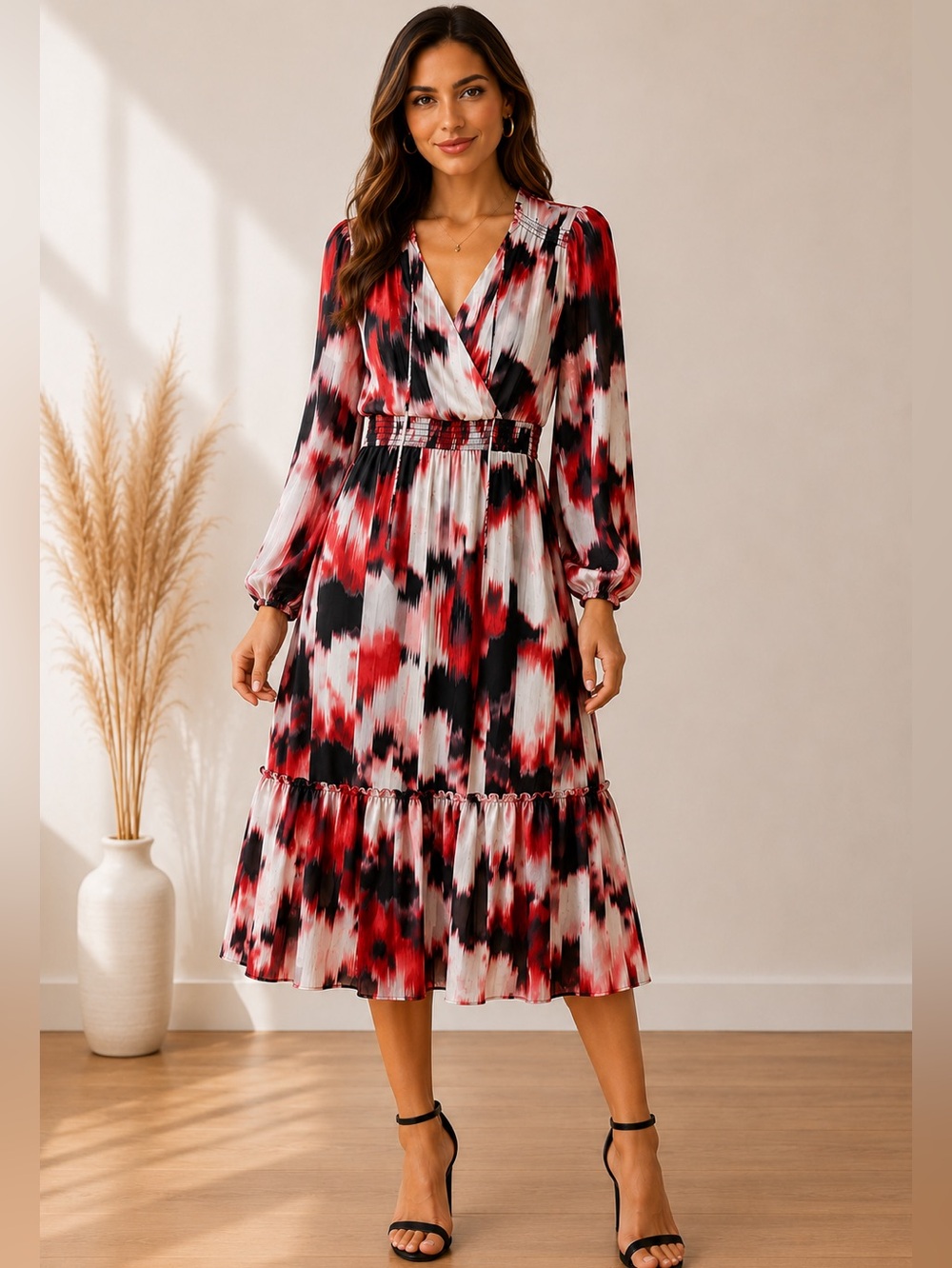 Socialite Abstract Print Smocked Waist Long Sleeve Midi Dress NWT XS